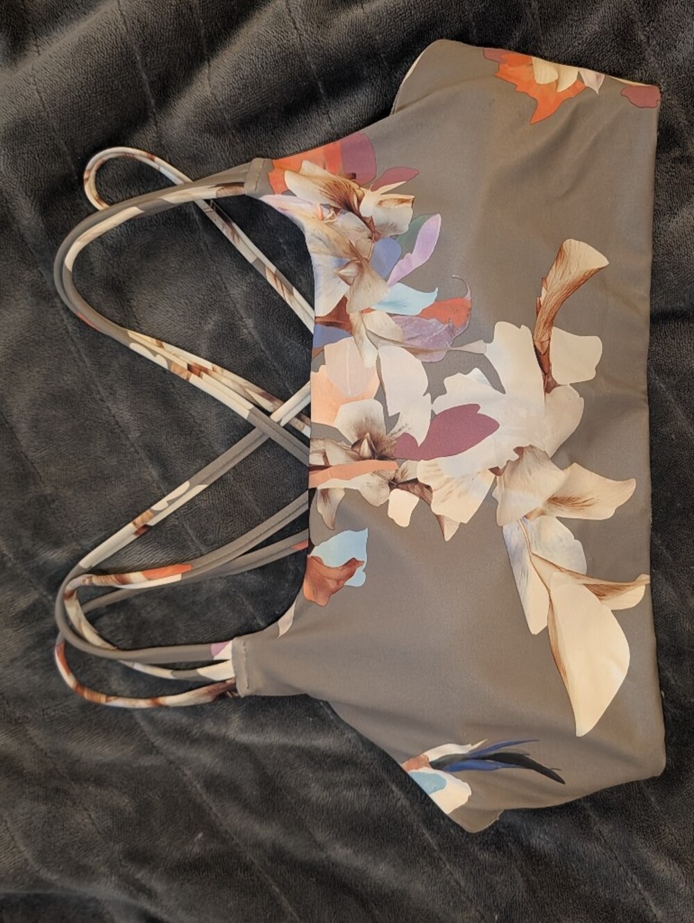 Athleta Women's Gray Floral Strappy Sports Bra Cross Straps Gym Yoga